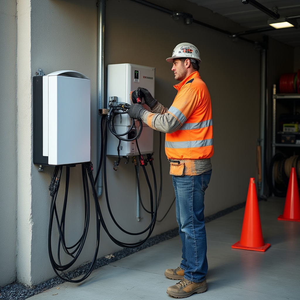 Professional installation of wall-mounted EV charging station in residential garage