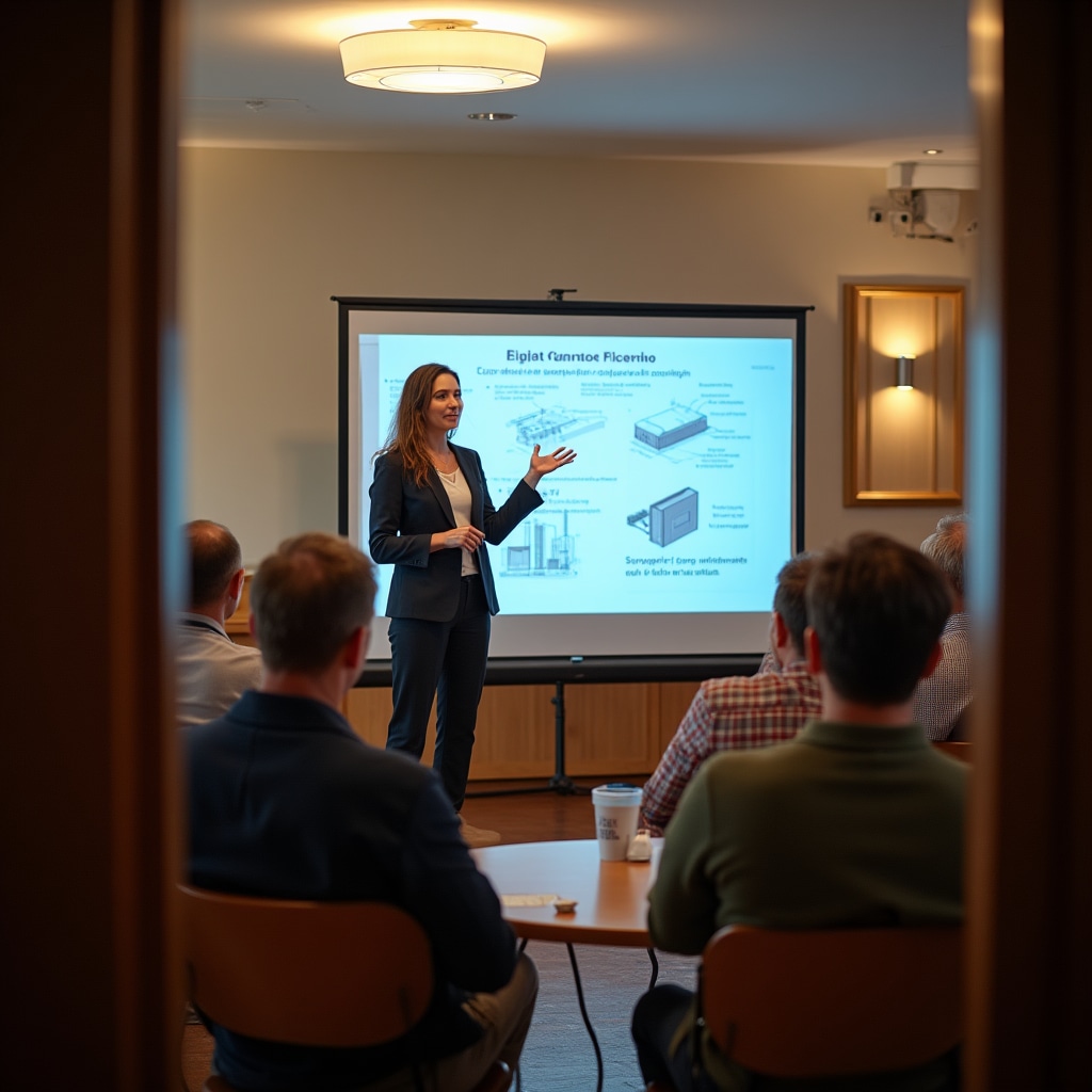 Professional presentation to property owners association showing technical plans for EV charging infrastructure