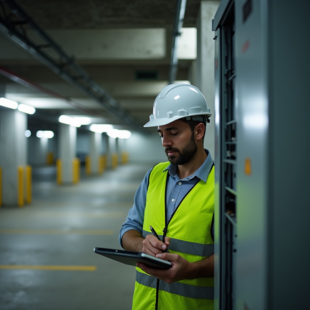 Electrical engineer conducting capacity assessment in community garage with measurement equipment
