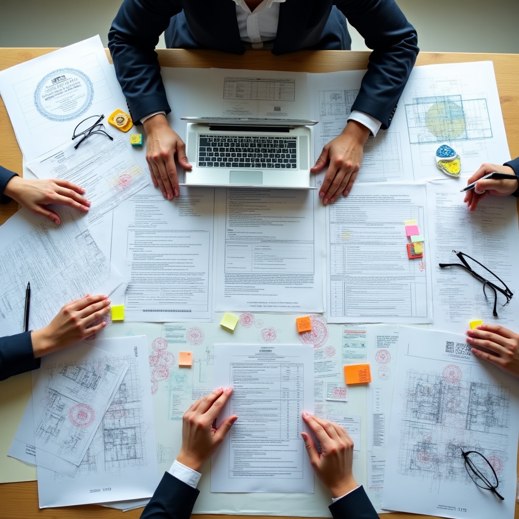 Organized technical documentation and regulatory compliance paperwork spread on desk with official stamps