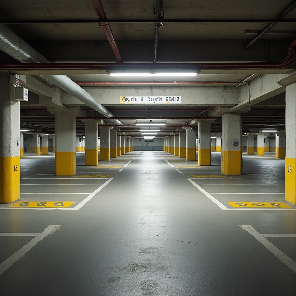 Overview of residential community parking garage showing multiple parking spaces and electrical infrastructure