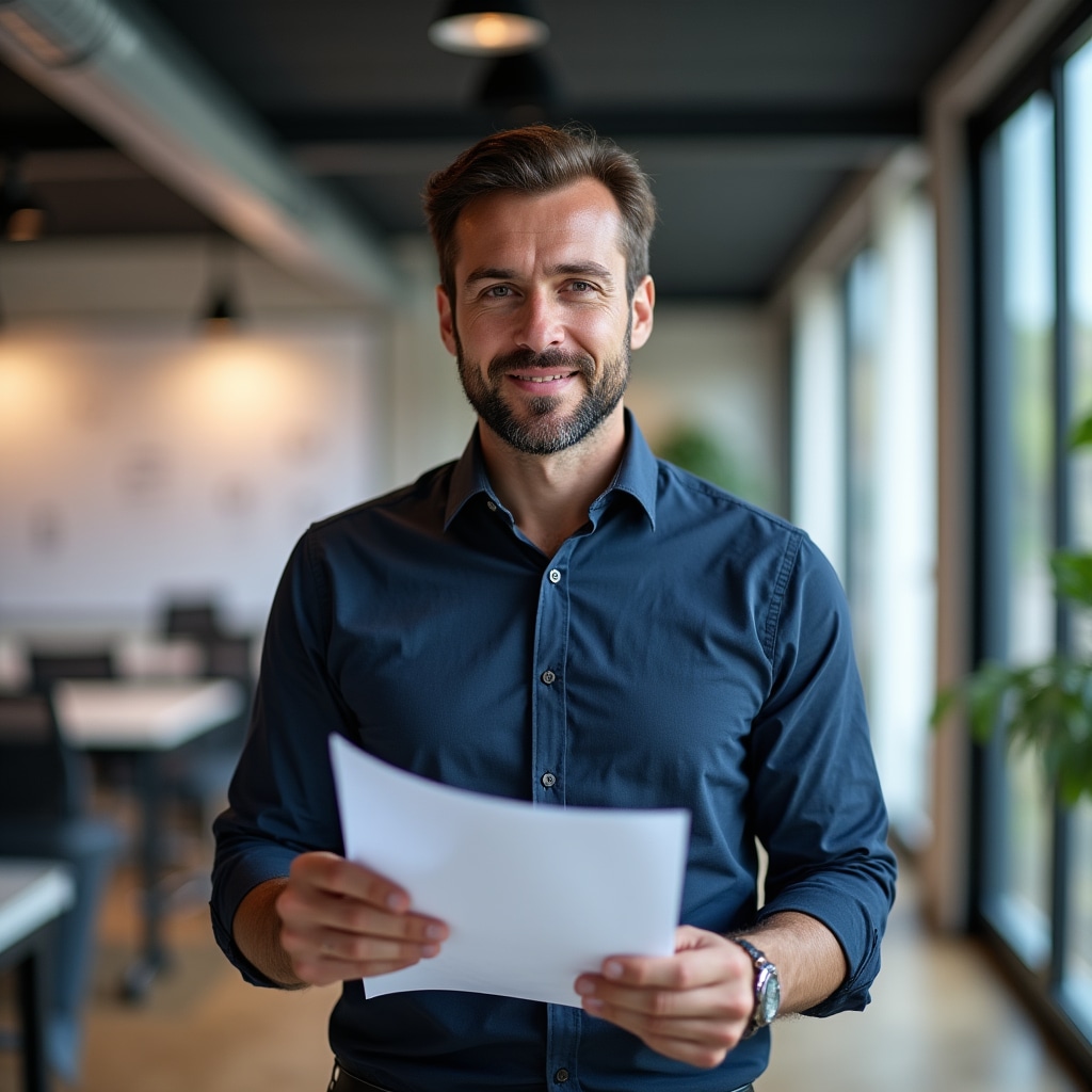 Lead electrical engineer reviewing technical documentation in modern office