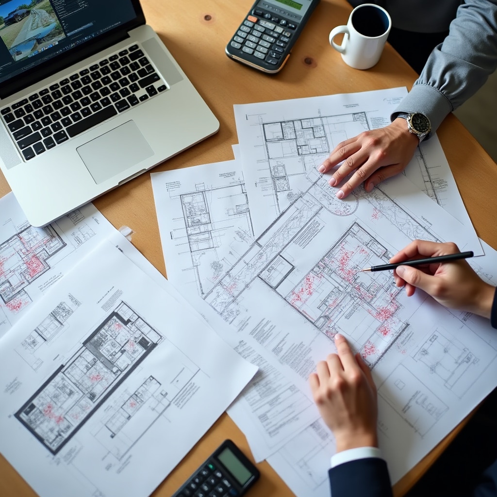 Detailed review of electrical compliance documentation and building permits on desk