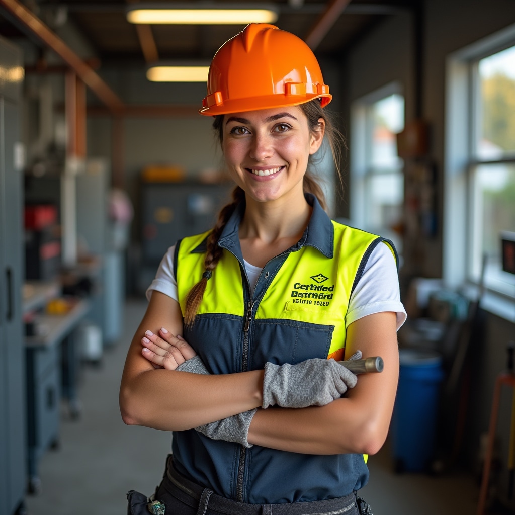 Certified electrical installer with safety equipment in residential garage